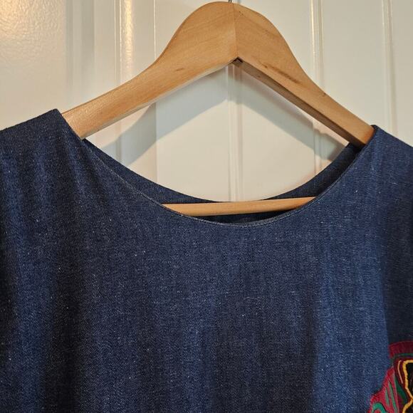Vintage Denim Dress Womens Large Blue Embroidered Colorful Pleated Ruffles Boho - Picture 7 of 12